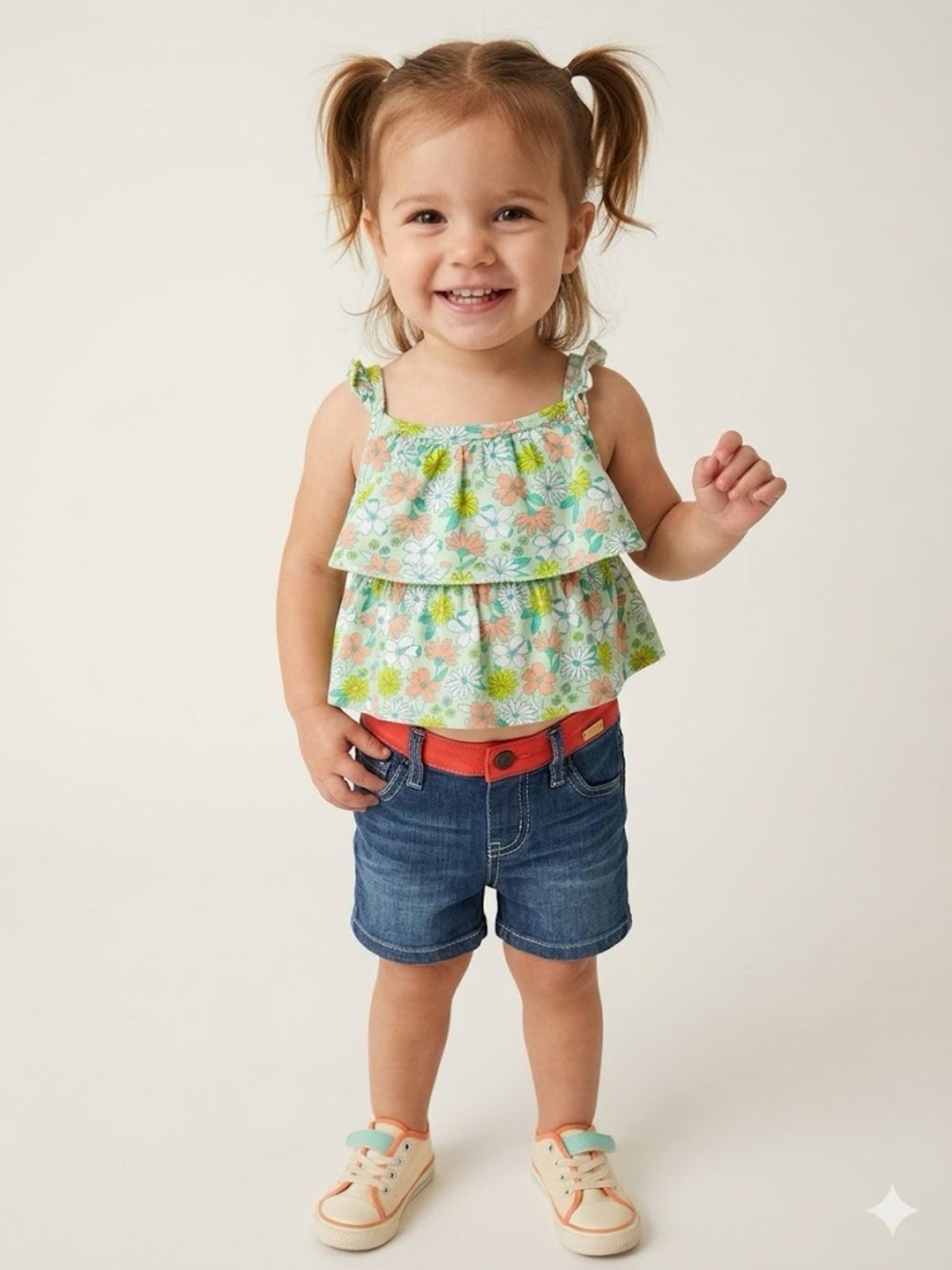 OUTFIT Just One You Floral Tiered Tank Top & Guess Denim Shorts 12M